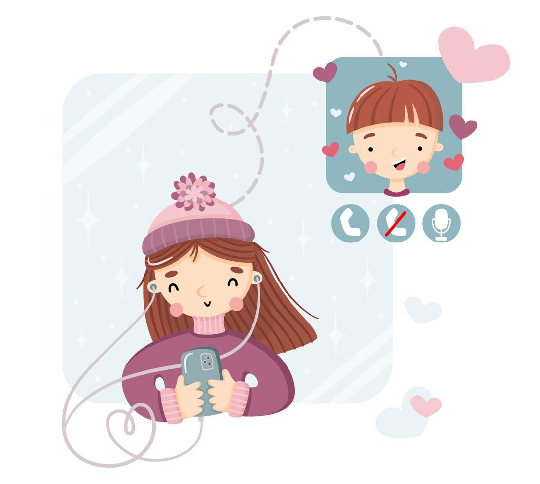 Young couple of lovers making a video call on smartphone.  Cartoon people talking on videoconference. Concept of online video chatting, online dating. Flat vector illustration.