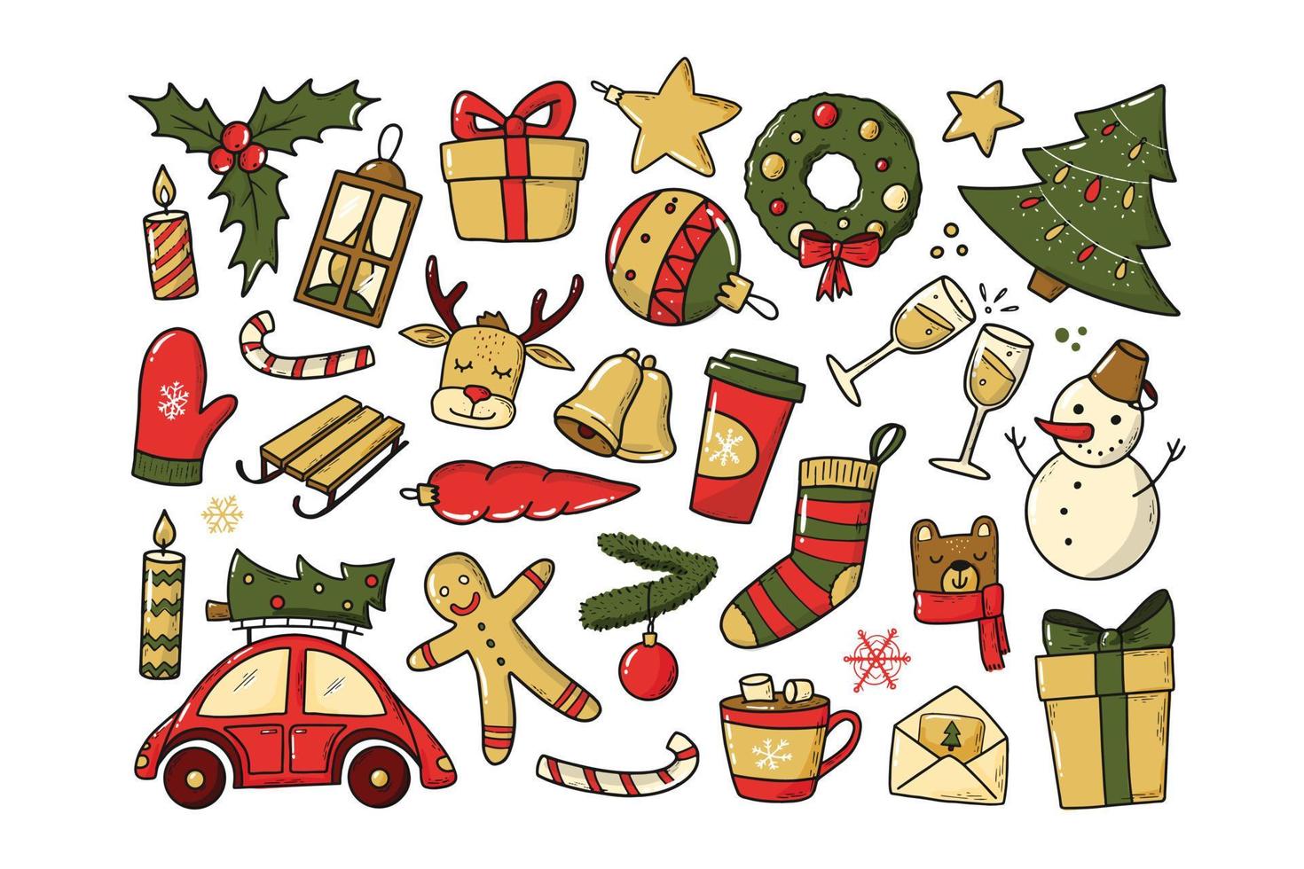 Set of colorful Christmas doodles, clipart vector