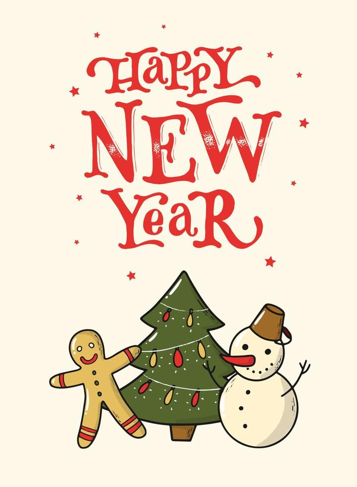 cute lettering quote 'Happy new year' decorated with doodles for posters, prints, greeting cards, invitations, etc. EPS 10 vector