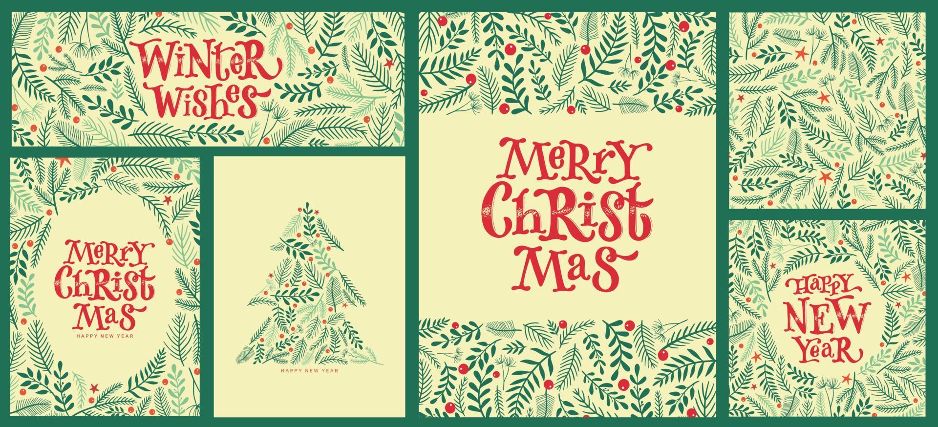 set of Christmas cards, posters, prints, invitations, banners, templates. Lettering quotes decorted with floral elements, pine tree branches, berries. EPS 10 vector