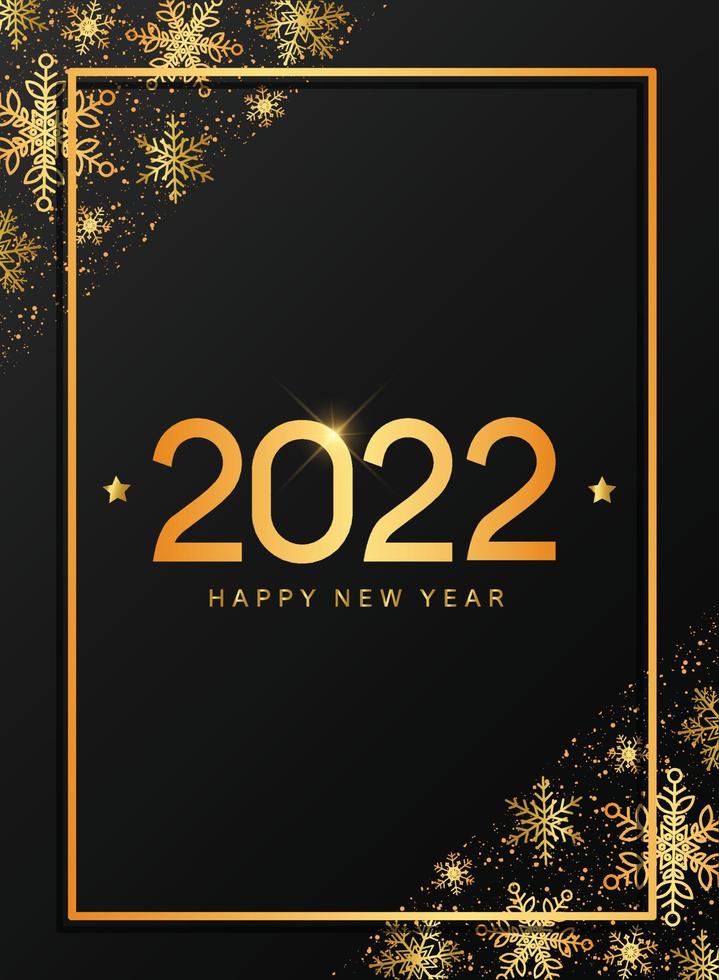 Happy new year 2022 typography quote decorated with frame of gold snowflakes on black background. Good for invitations, greeting cards, posters, prints, signs, banners, etc. EPS 10 vector