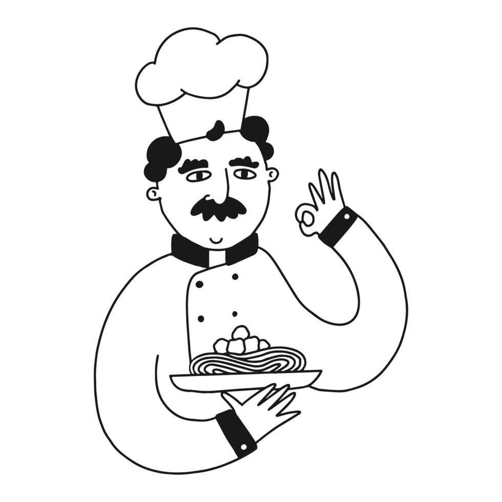 chef humano dibujado a mano con un plato. bueno para carteles, impresiones, pegatinas, logotipos, letreros, tarjetas, decoración de menús, etc. eps 10 vector