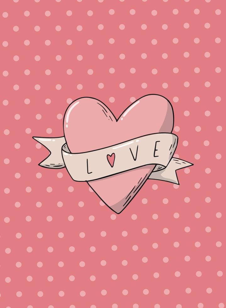 linda tarjeta de felicitación del día de San Valentín decorada con un corazón dibujado a mano y la palabra 'amor' sobre fondo rosa de lunares. bueno para carteles, impresiones, invitaciones, pancartas, etc. eps 10 vector