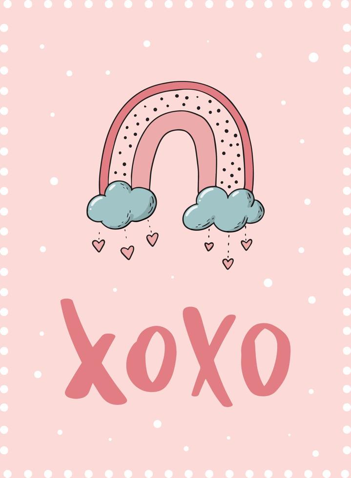 Linda cita de letras xoxo decorada con arco iris sobre fondo rosa. bueno para carteles, tarjetas de felicitación del día de San Valentín, invitaciones, plantillas, impresiones, pancartas, etc. eps 10 vector