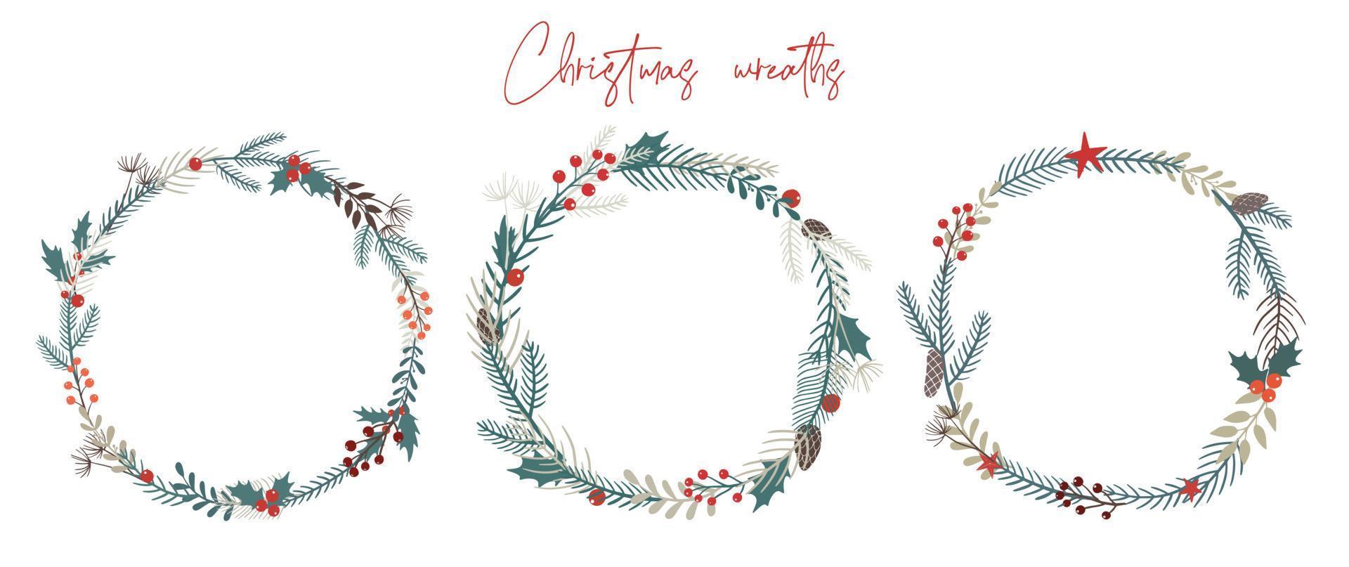 Set of three Christmas wreaths decorated with branches, leaves, holly, berries, etc. Good for cards, posters, prints, invitations, templates design. EPS 10 vector