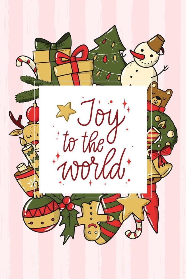 Christmas lettering quote 'Joy to the world' decorated with border of doodles on striped background. Good for posters, prints, cards, invitations, signs, banners, templates, etc. EPS 10 vector