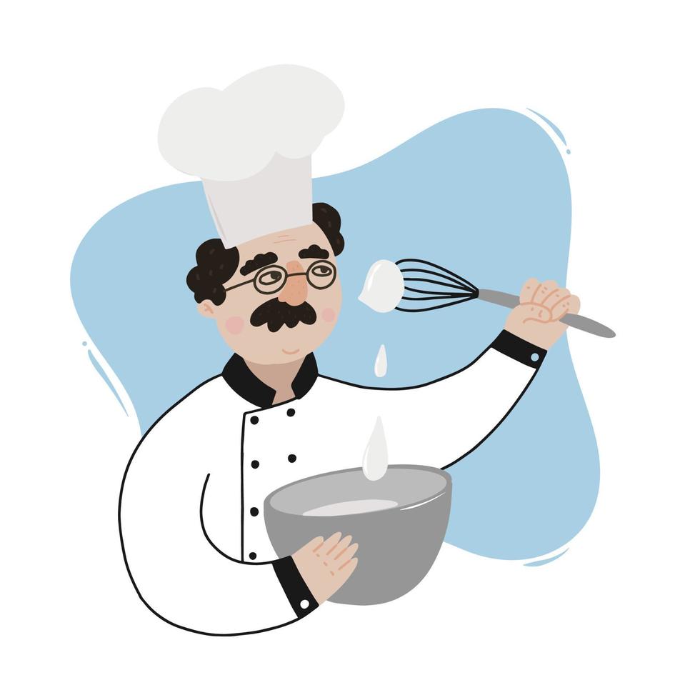 hand drawn human chef with a plate. Good for posters, prints, stickers, logos, signs, cards, menu decor, etc. EPS 10 vector