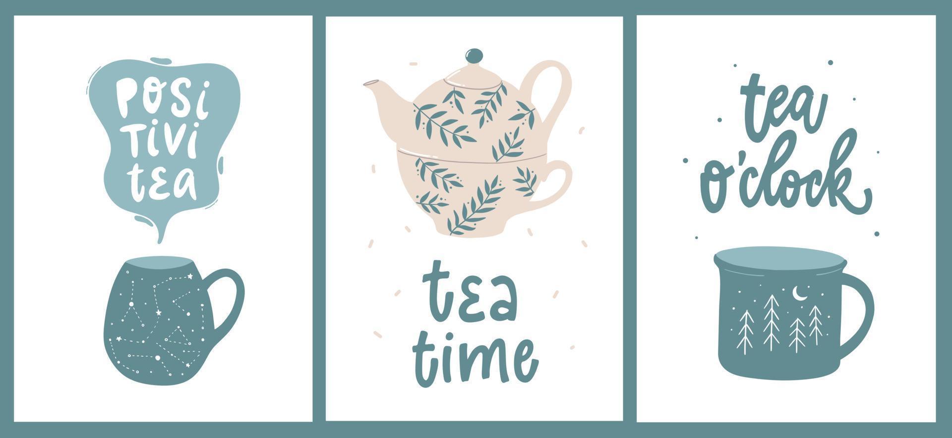 Set of tea quotes decorated with pots and cups vector