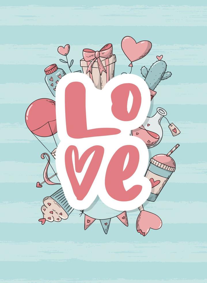 cita de letras creativas 'amor' decorada con garabatos sobre fondo rayado. bueno para tarjetas de felicitación del día de san valentín, carteles, impresiones, invitaciones, pegatinas, pancartas, etc. eps 10 vector