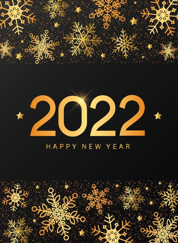 creative gold text 2022 Happy new year decorated with horizontal borders on black background. Good for posters, invitations, cards, prints, templates, etc. EPS 10 vector