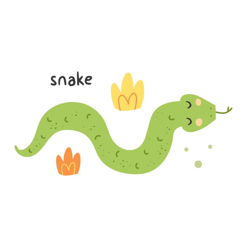 Serpiente de ilustración infantil de animal salvaje con diseño de vector de hierba de hierbas para niños aislados sobre fondo blanco
