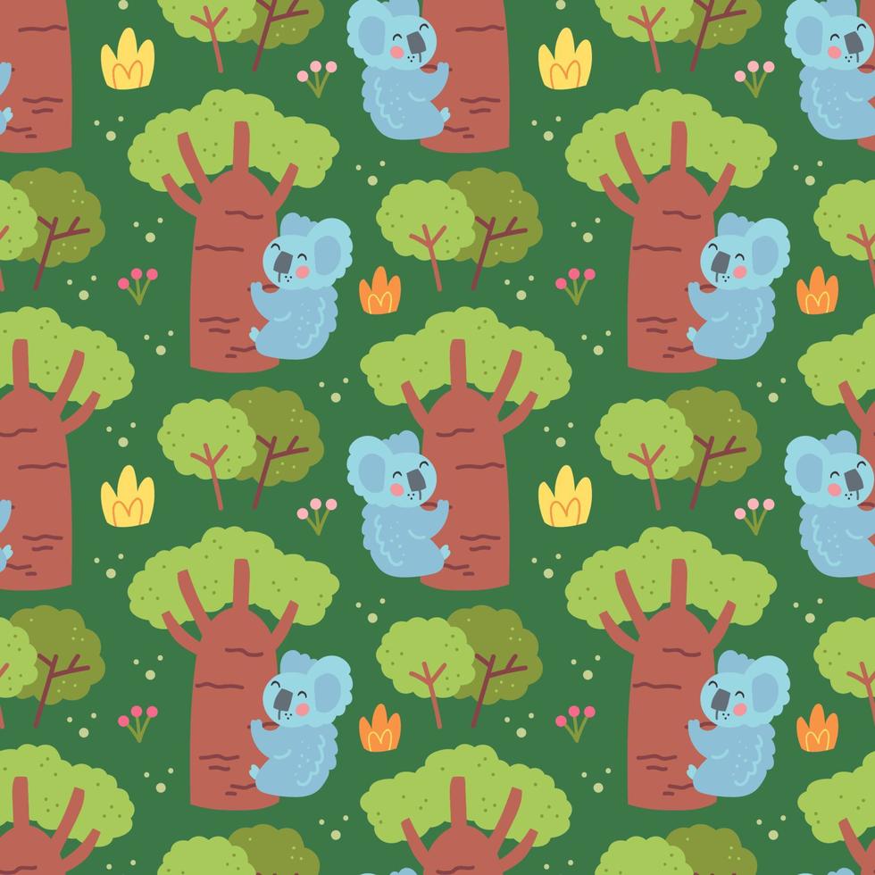 Wild animals endangered species Seamless pattern texture background Koala bear on the tree Vector design for children Editable background