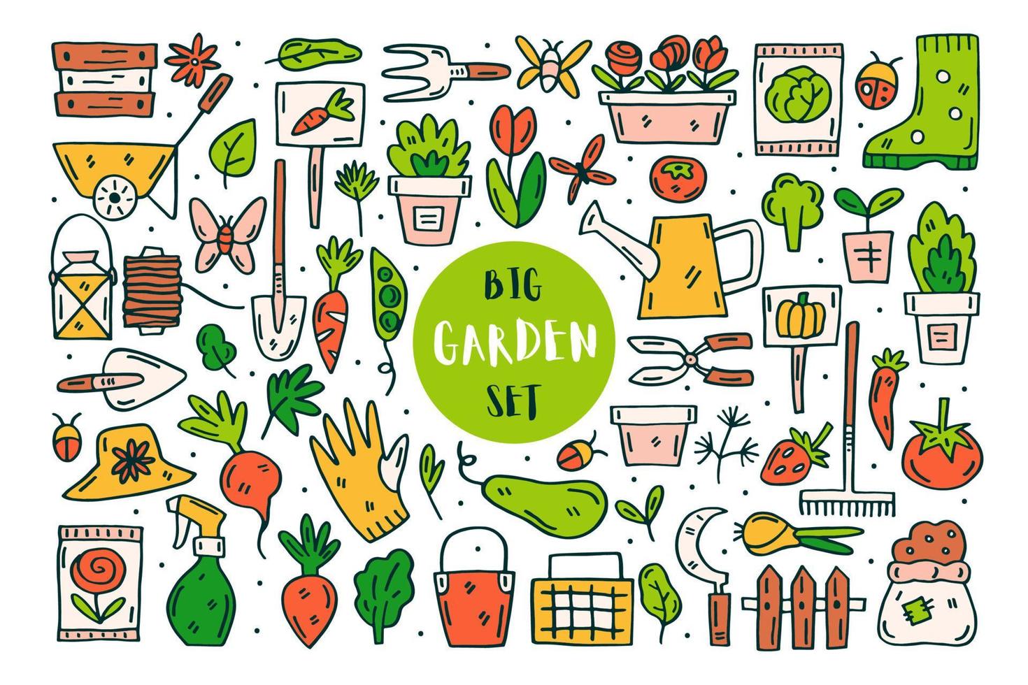 Gardening vector doodle line art clip art set of elements stickers icons Isolated on white background Colorful design elements Gardening tools plants leaves clothes Hobby