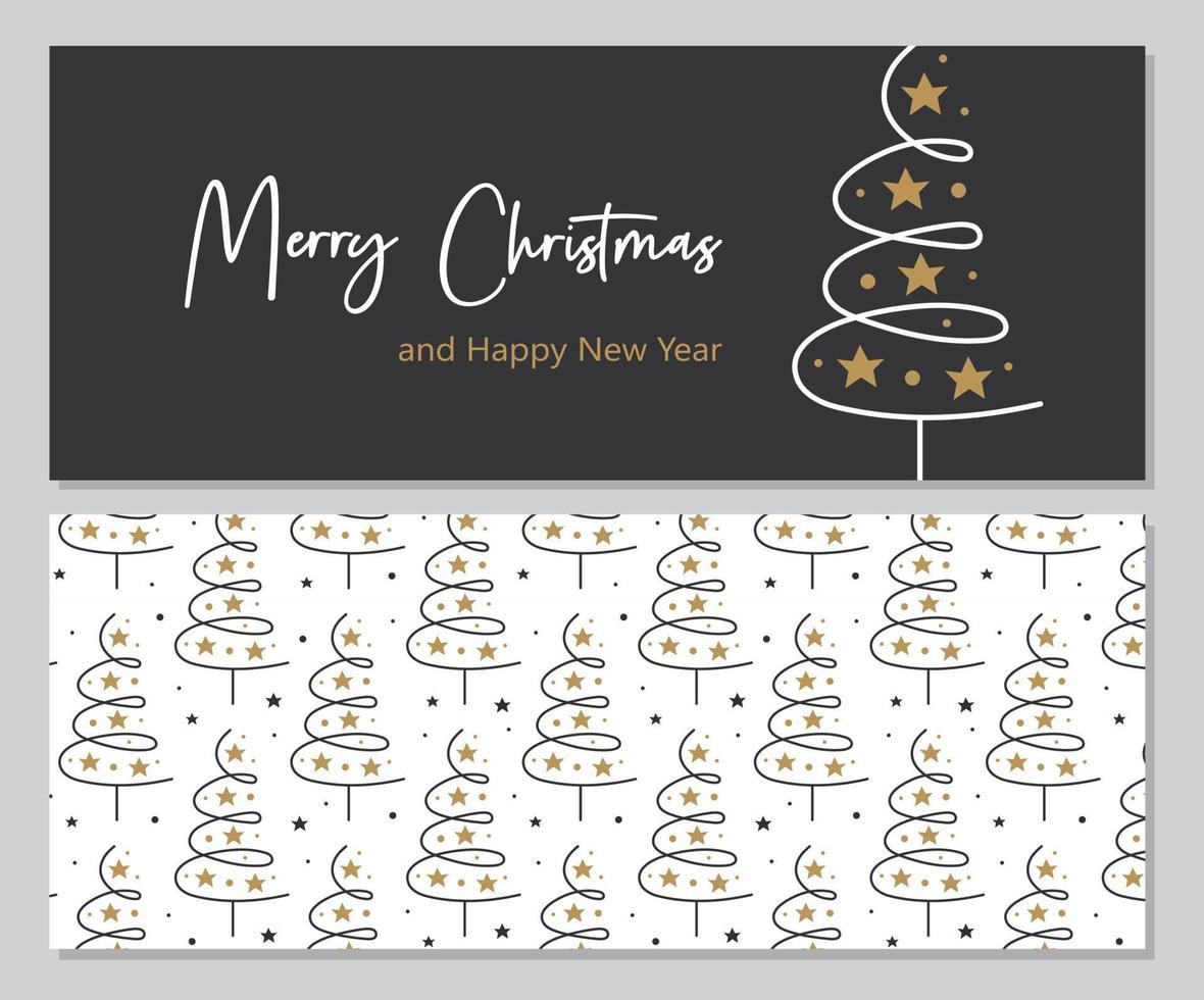 feliz navidad y próspero año nuevo tarjeta de felicitación plantilla de banner árbol de navidad con letras fondo con patrón de árbol de navidad decoración de vacaciones de invierno vector