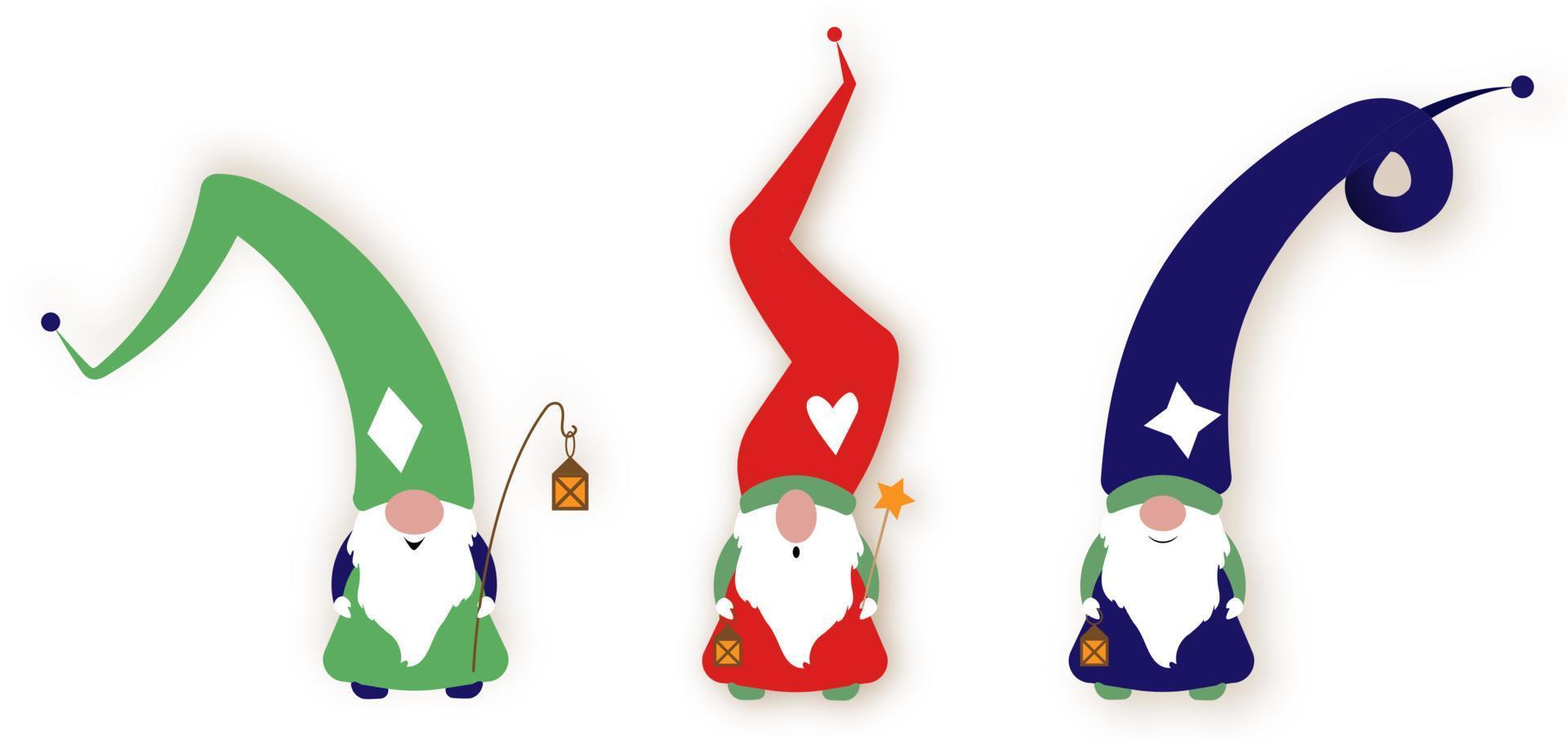 Set of Christmas Gnome, Scandinavian Nordic Gnome, Cute Christmas Santa Gnome Elf. Vector Illustration isolated on white background. Xmas elements for design, invitations and greeting cards