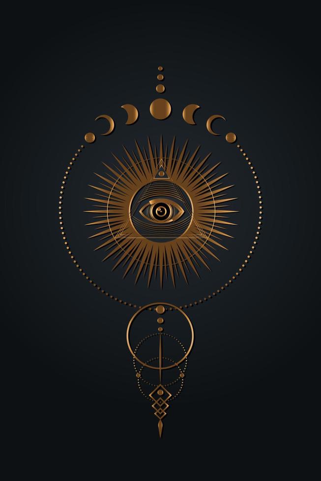 Gold Mystical third eye, phases of the moon on black background. Sacred Masonic All Seeing eye, Boho style and esoteric ethnic magic astrological symbols. Golden sign vector illustration isolated