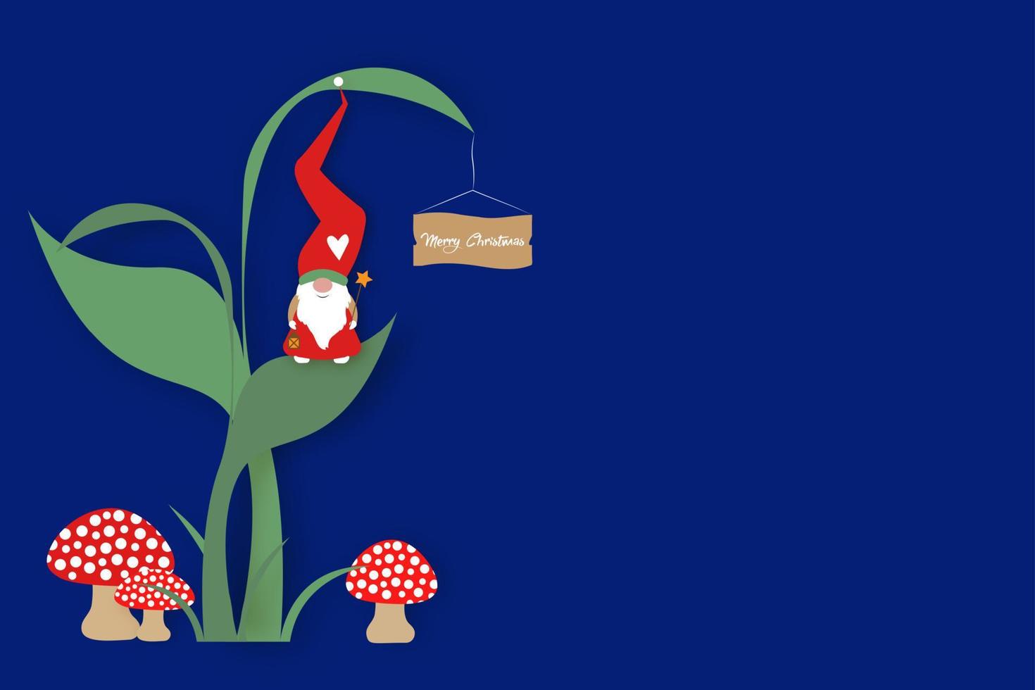 cute cartoon gnome with long red hat. Banner Scandinavian Nordic Santa Claus Elf in the woodland, vector isolated on blue background. Christmas elements for design, invitations, cards, childrens toys
