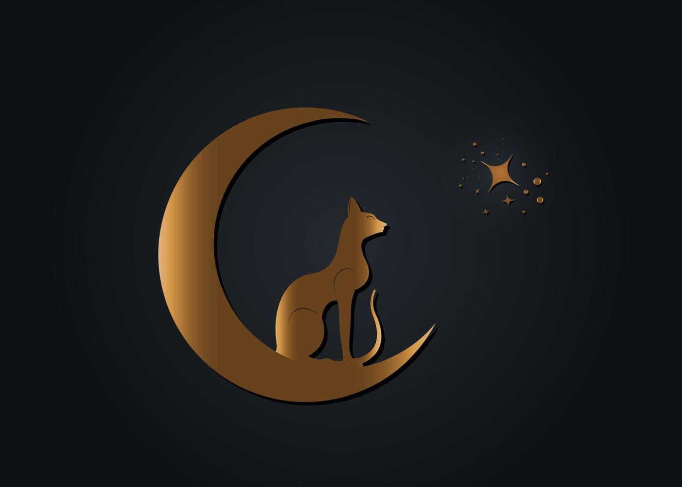 Egyptian Black Cat sitting on the crescent Moon, look at the stars. Golden Alchemy Logo Wicca symbol, boho style, gold tattoo icon. Vector illustration isolated on black background