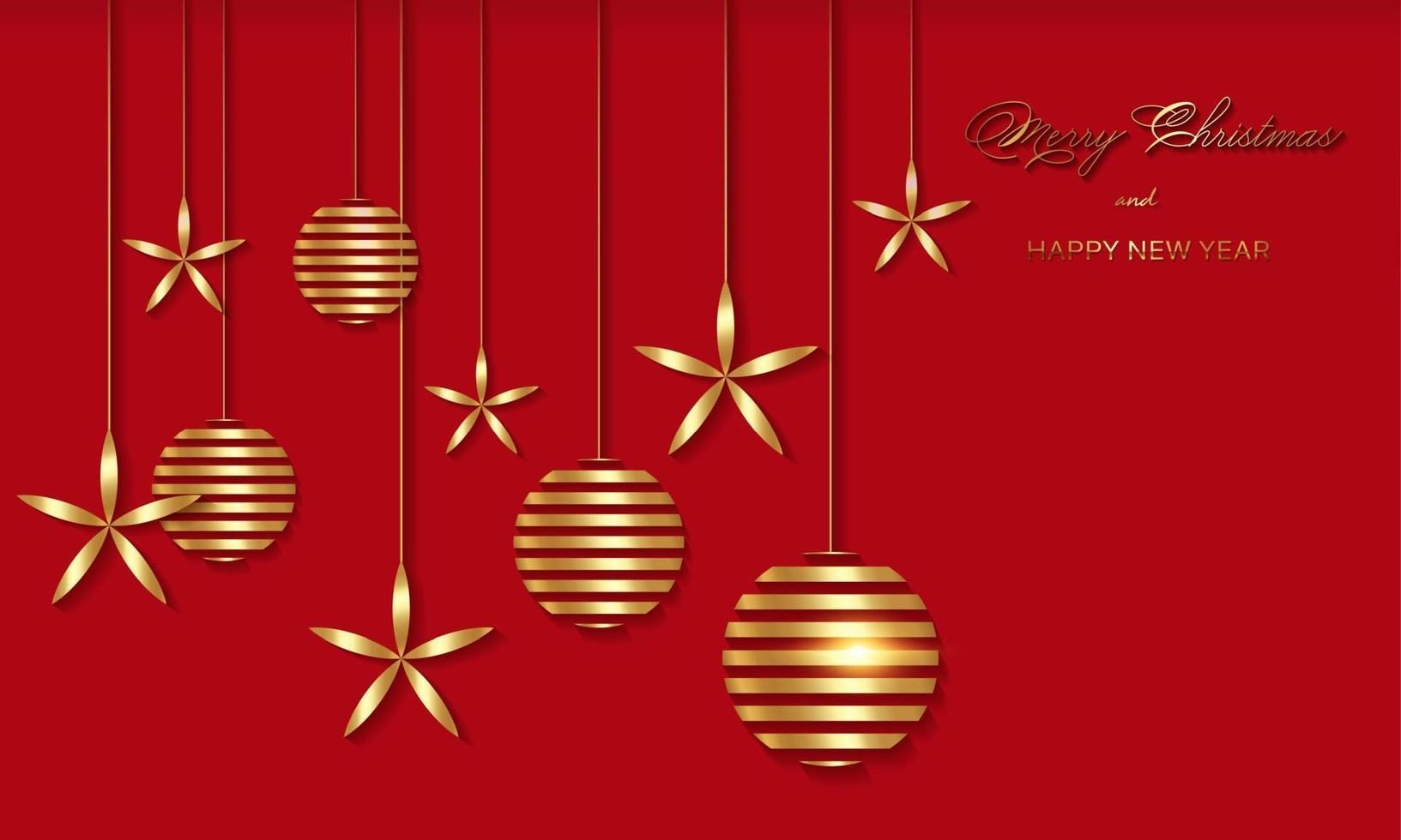 Christmas luxury holiday banner with gold handwritten Merry Christmas and Happy New Year greetings and gold colored Christmas balls. Vector illustration isolated on red background