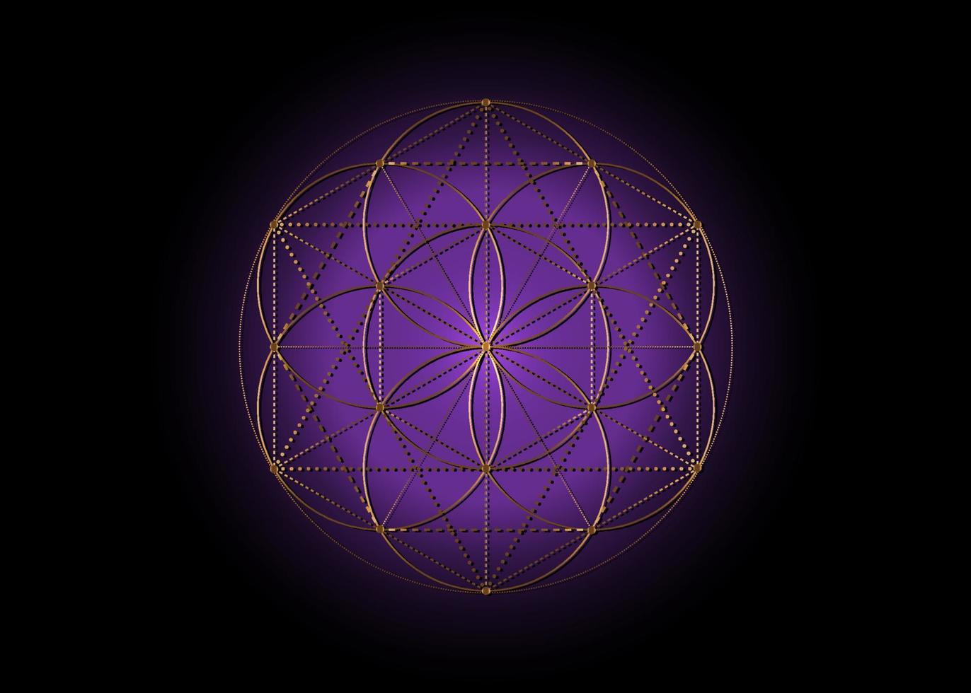 Flower of Life, Seed of life symbol Sacred Geometry, mystic mandala of alchemy esoteric sign. Golden luxury logo Vector isolated on purple background