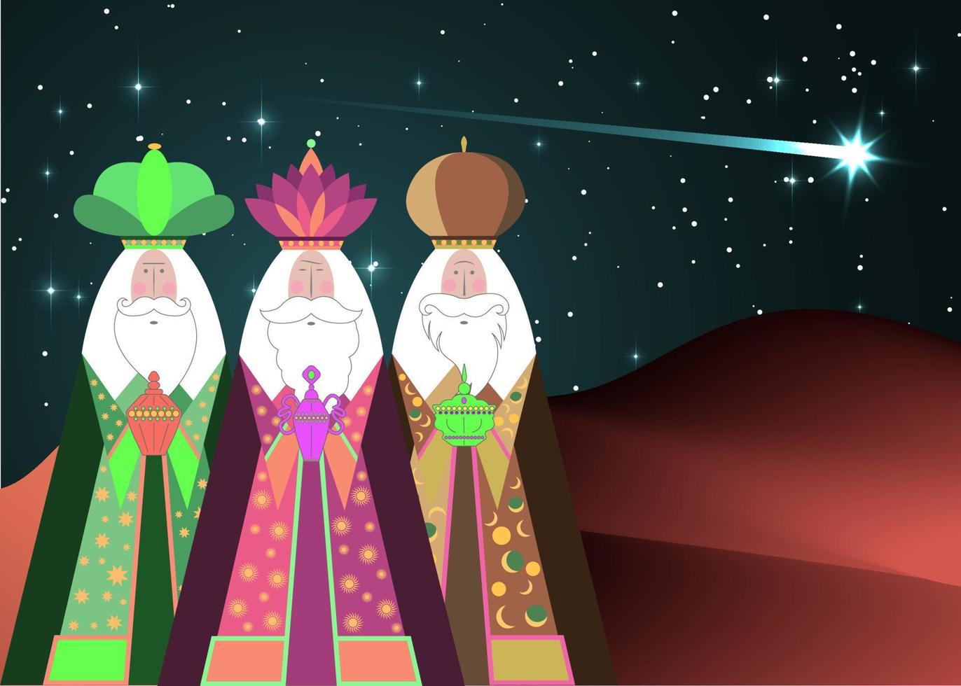 Three wise men Christmas. Three biblical Kings, Caspar, Melchior and Balthazar. Bethlehem Nativity concept, Epiphany is a Christian festival. The Gift of the Magi vector isolated, black sky and comet