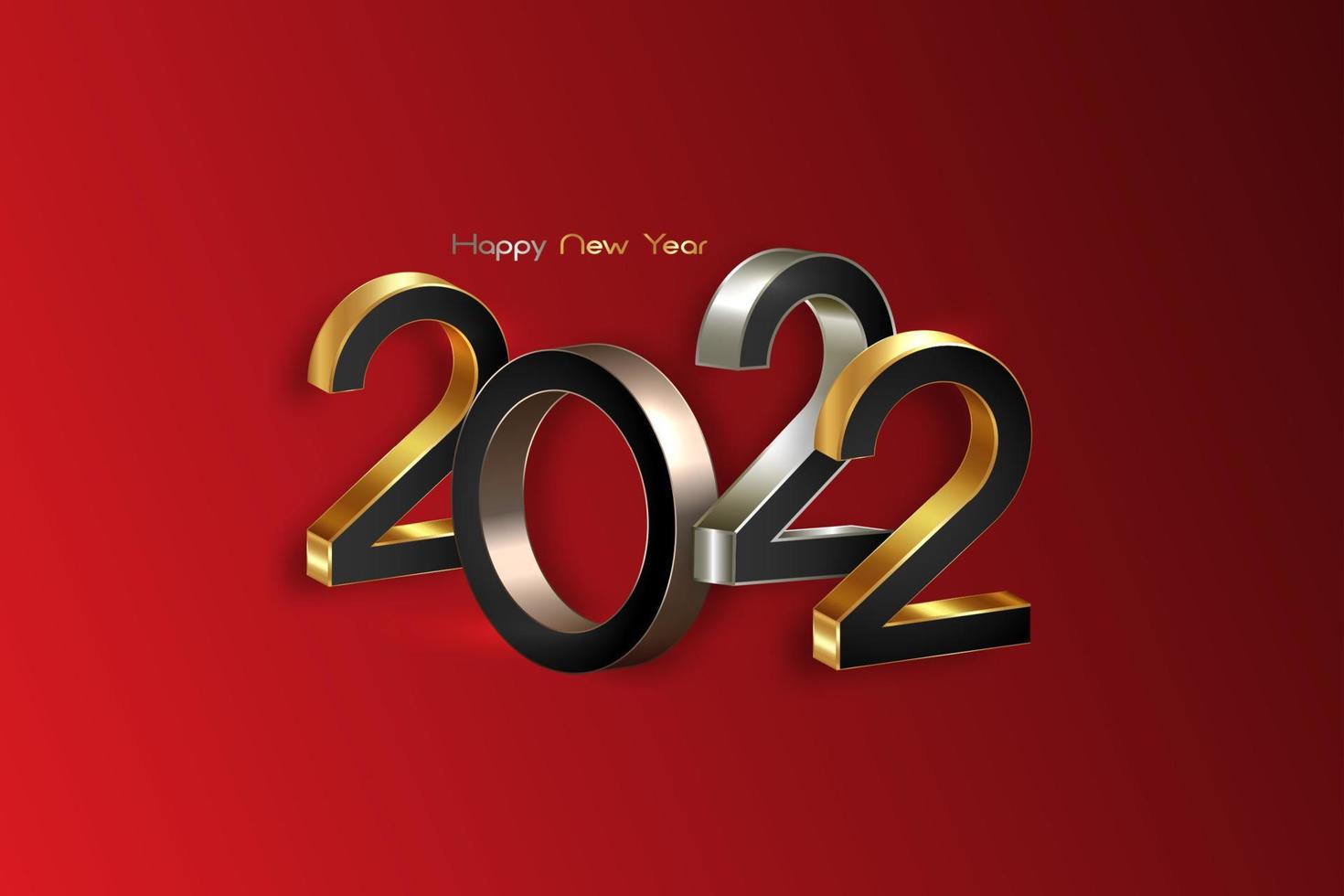 2022 golden, bronze and silver bold letters. New Year 3D logo for Holiday greeting card. Vector illustration isolated on red background, eve fashion luxury template