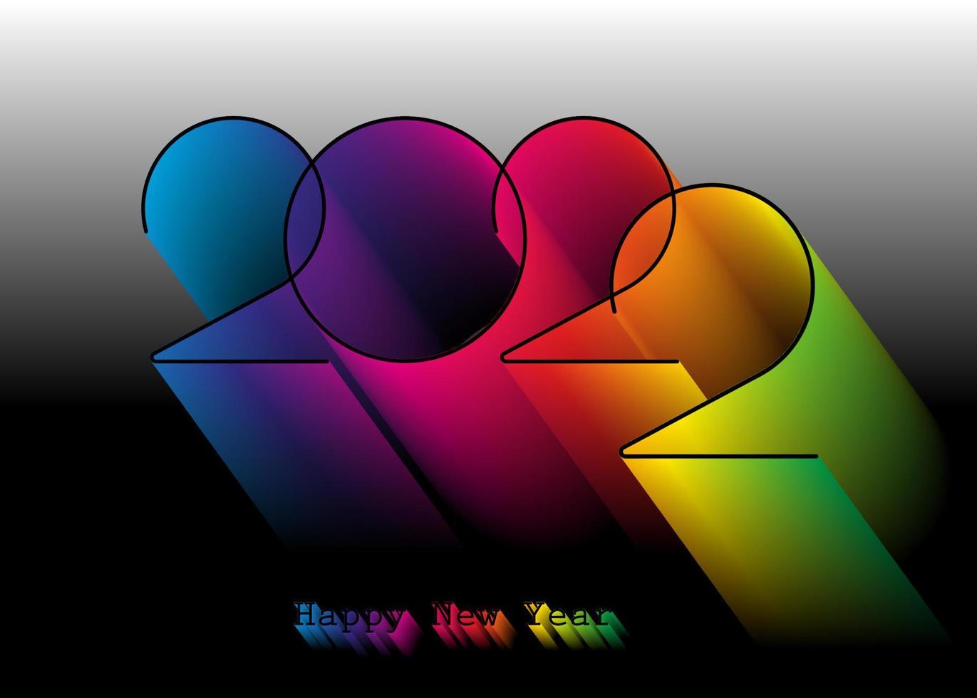 Diseño de logotipo de año nuevo 2022. tarjeta de felicitación navideña. ilustración vectorial. Diseño multicolor para tarjeta de felicitación, invitación, calendario, fiesta, etiqueta colorida de vacaciones aislada sobre fondo negro degradado vector