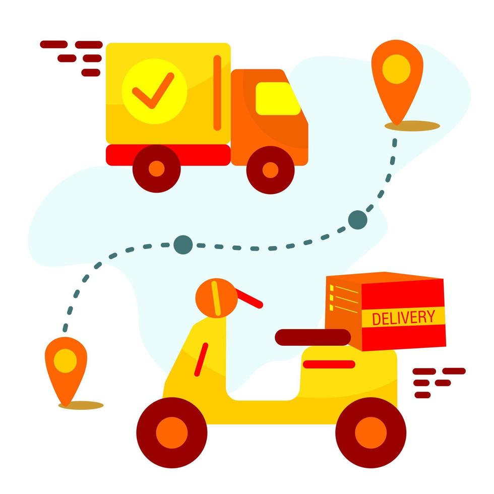 Online delivery service, online order tracking, home and office delivery. A truck, a scooter, a masked courier. Vector illustration