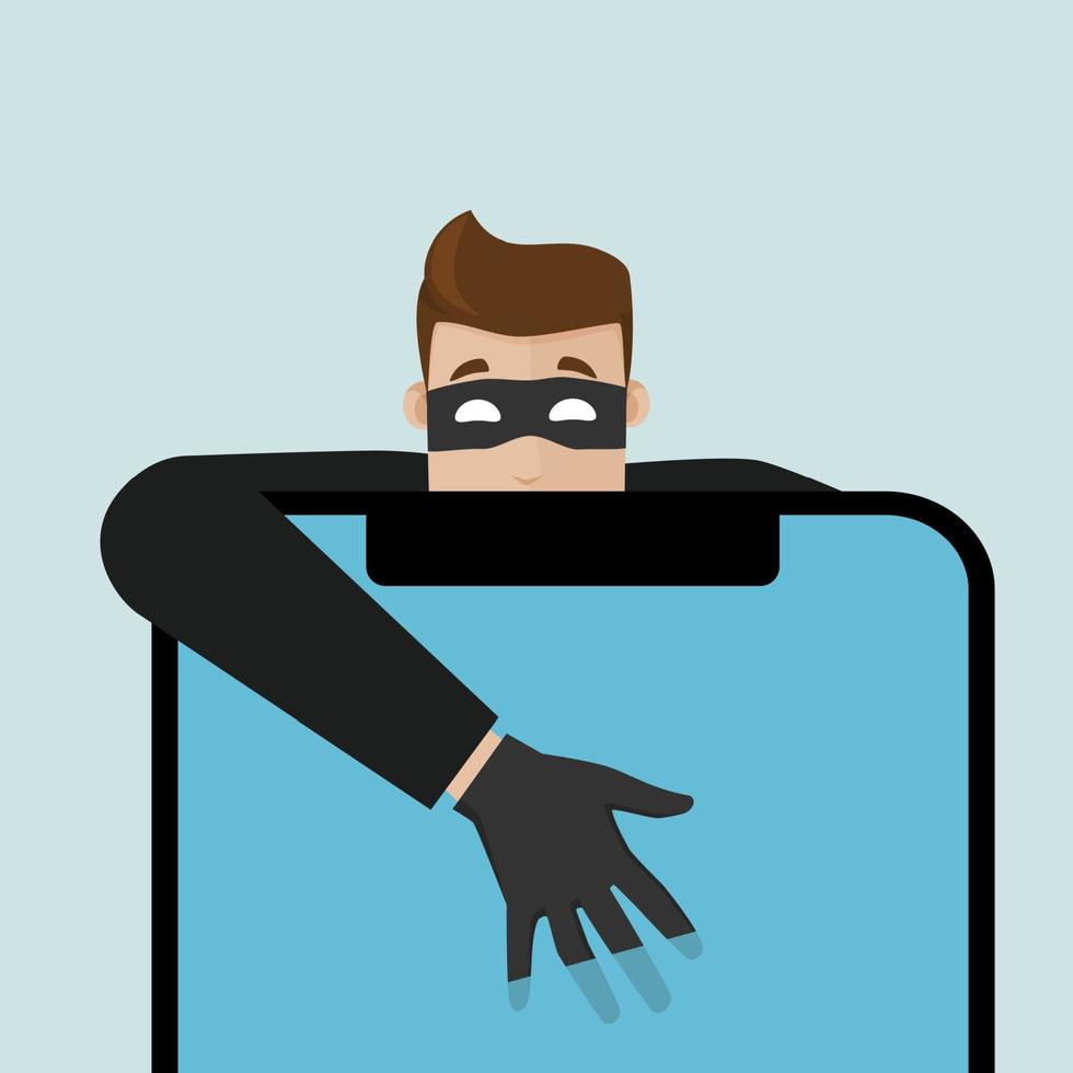 The thief breaks into the phone and penetrates it with his own hands. vector