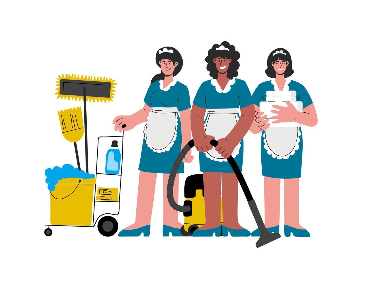 Caucasian,african-american hotel maids in uniform with a vacuum cleaner, pushing trolley cart with cleaning supplies, clean linens for the room.Vector illustration. vector