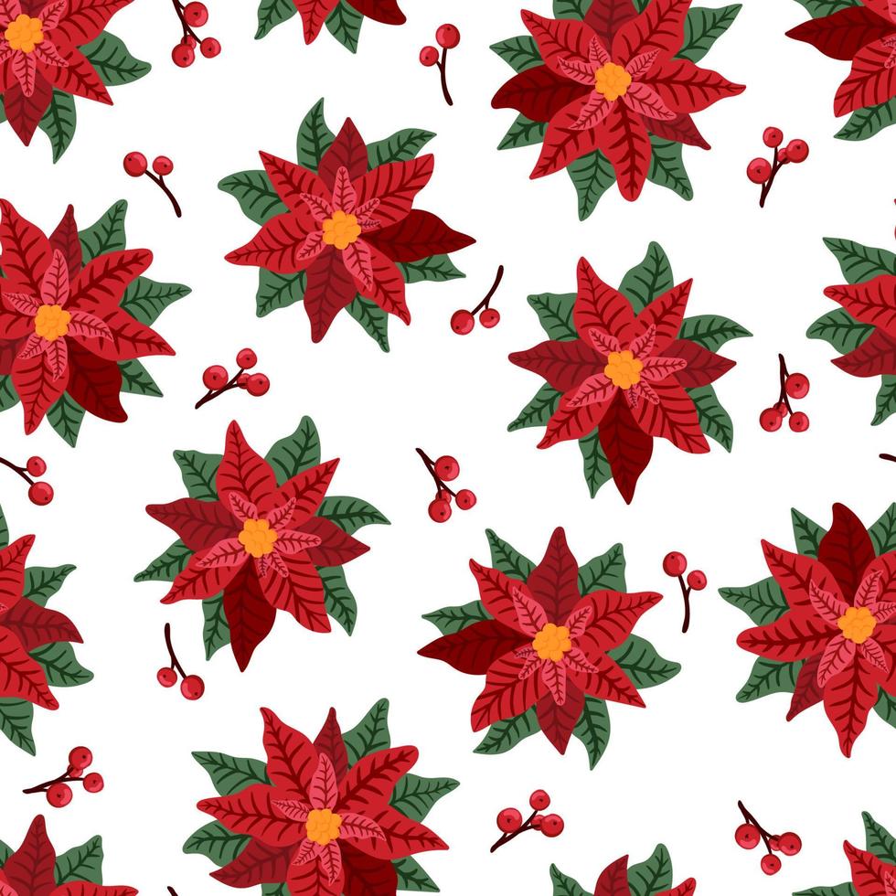 Red Poinsettia star flower and leaf Christmas or New Year decoration vector seamless pattern for greeting card design, textiles, banners, wallpapers, wrapping.