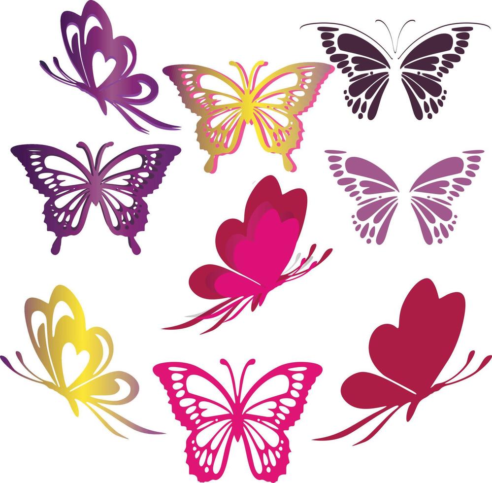 conjunto de mariposas primavera de verano y naturaleza degradado multicolor e iridiscente vector