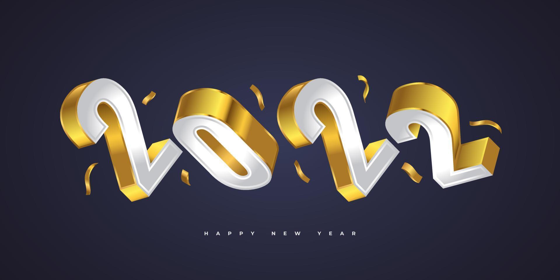 Happy New Year 2022 Banner Design with 3D White and Gold Numbers with Confetti. New Year Celebration Design Template for Flyer, Poster, Brochure, Card, Banner or Postcard vector