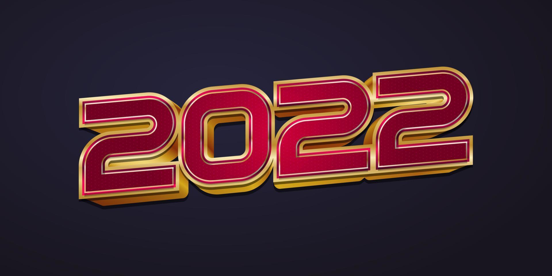 Feliz año nuevo 2022 diseño de pancarta o póster con números rojos y dorados 3d. Plantilla de diseño de celebración de año nuevo para volante, póster, folleto, tarjeta, pancarta o postal vector