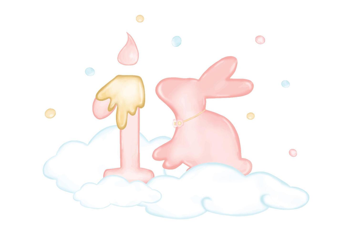 Vector - Digital watercolor painting of Happy birthday first year. Rabbit with 1st candle on cloud and little bubble. Easter season.