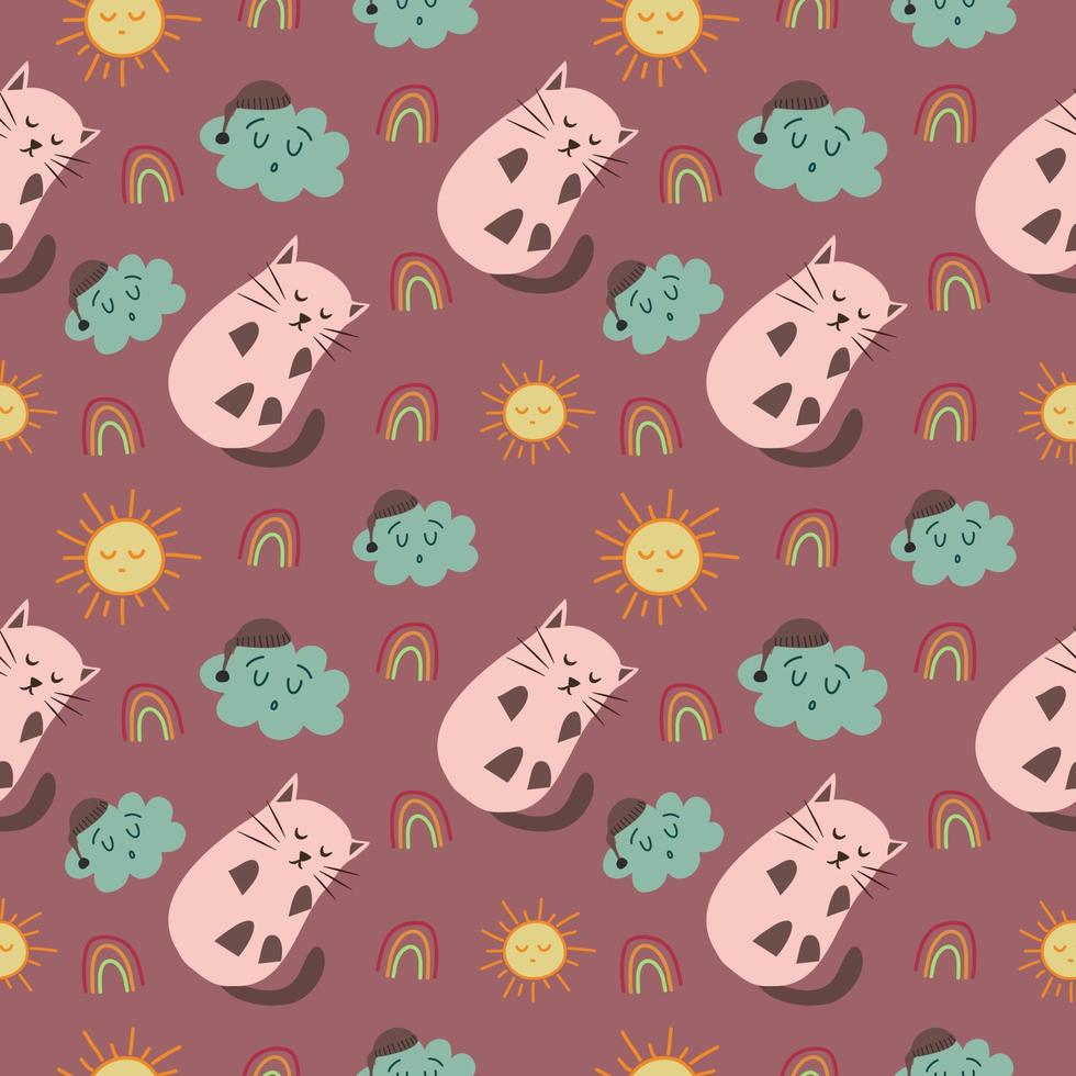 Seamless Pattern of Cat and Cloud Sun Sleeping vector