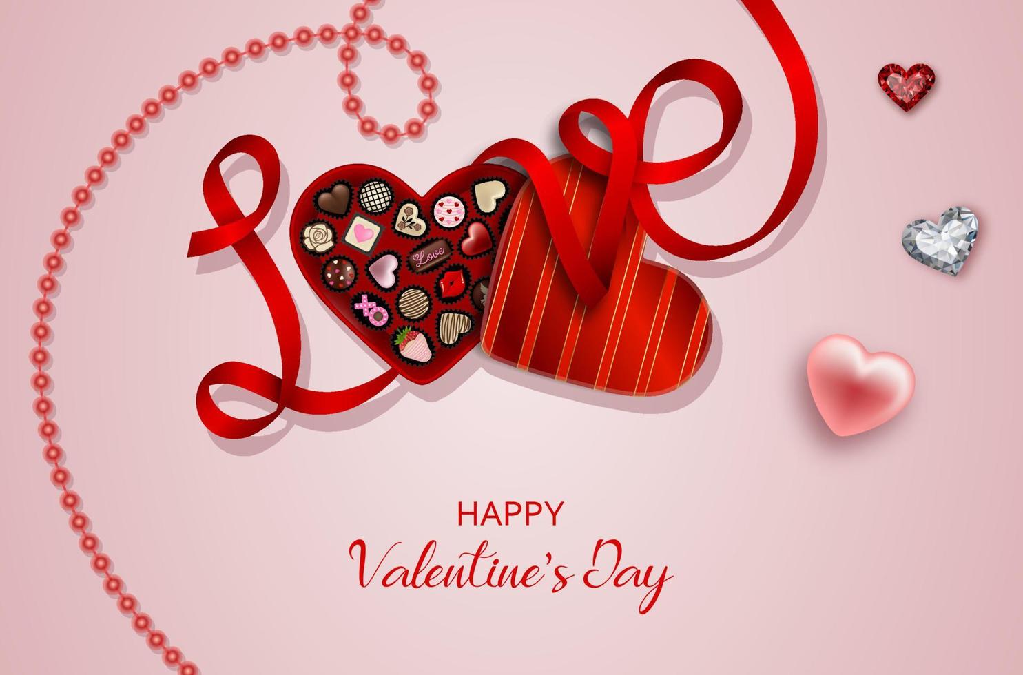 Valentine's day background with chocolates box, red ribbon and hearts vector