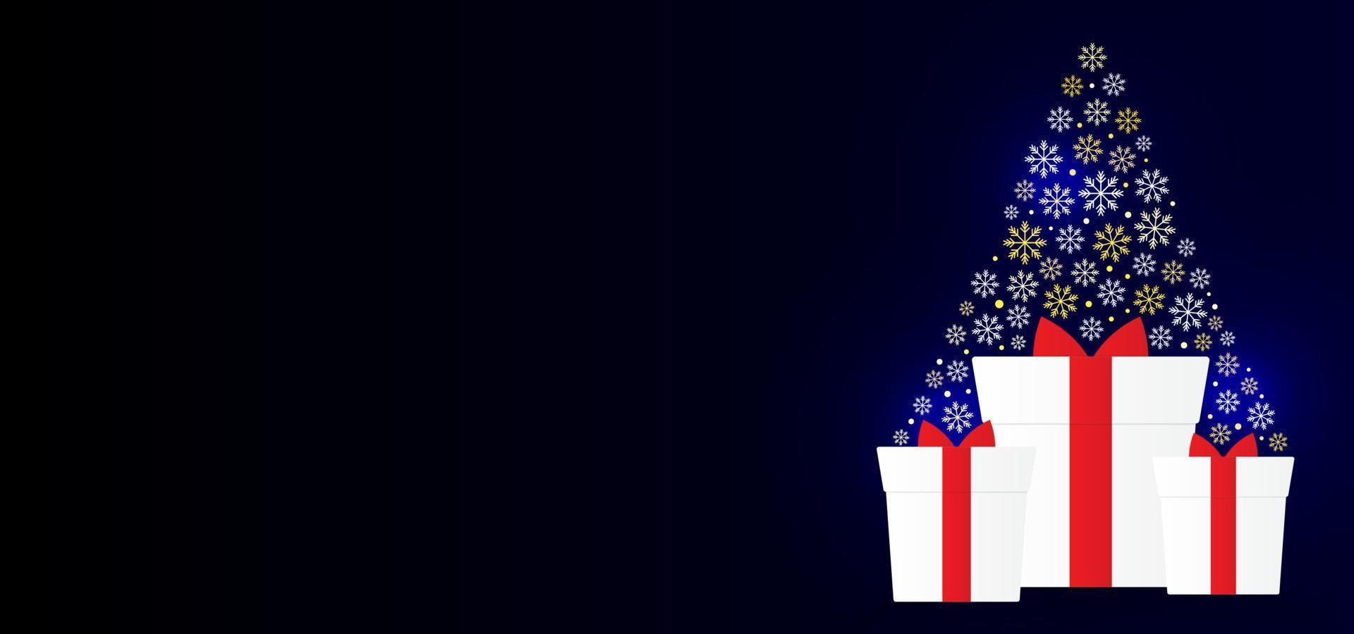 árbol de navidad con regalo, copos de nieve y hermosa luz azul vector