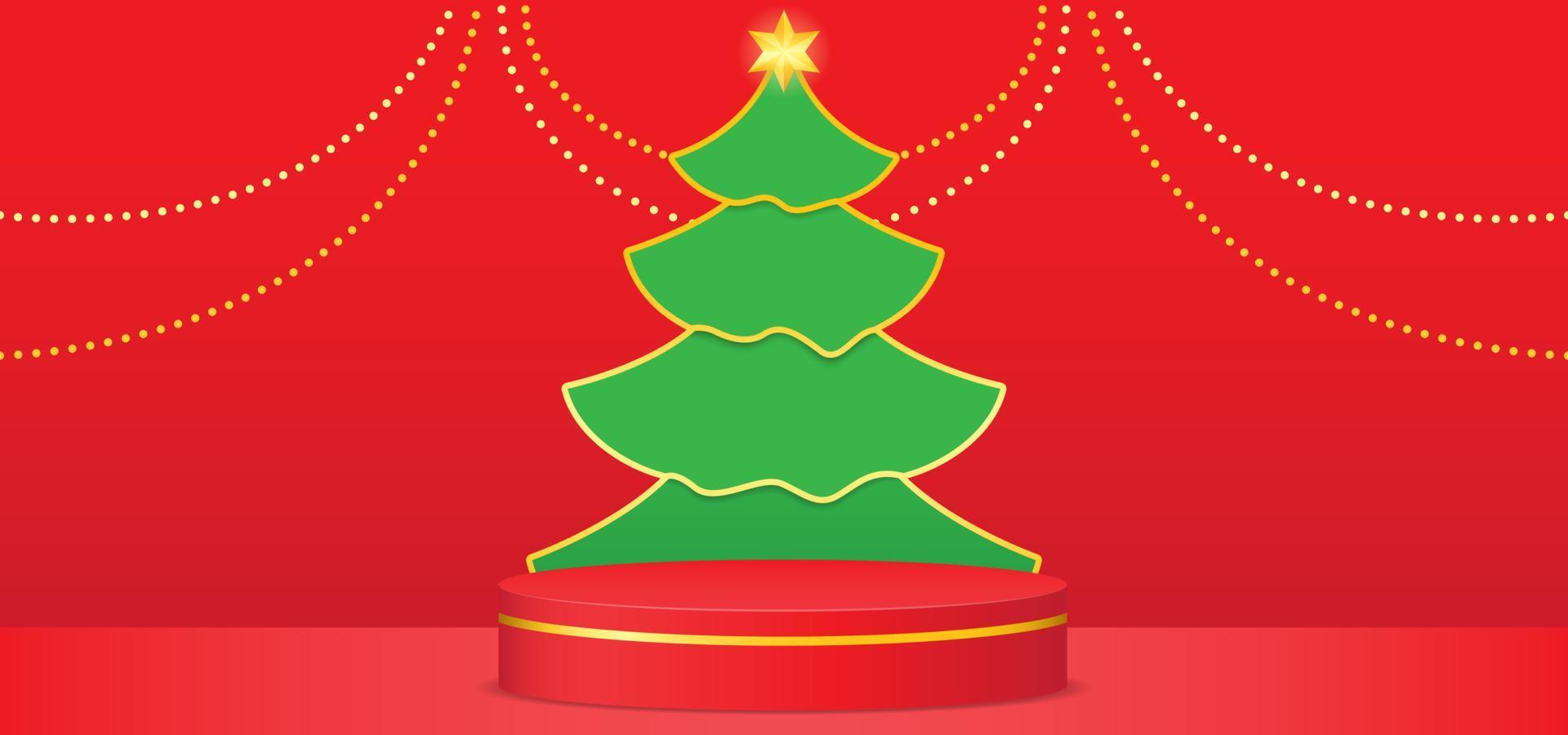 Christmas tree with red podium and gold ball decorations. Vector background with papercut style