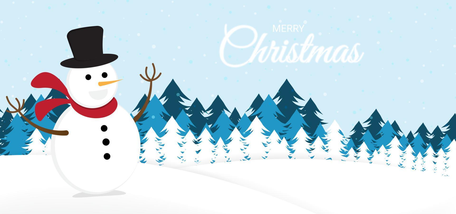 Snowman and Christmas tree background. Vector background with Merry Christmas text