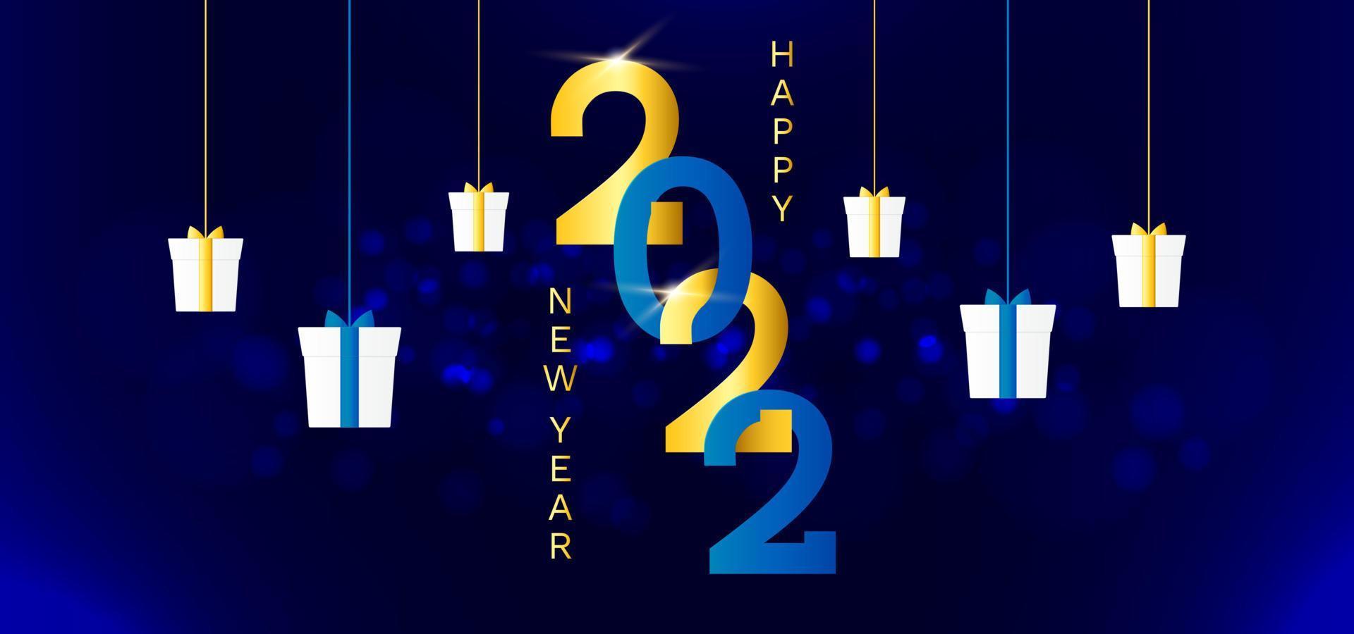 Luxury Happy New Year 2022 with blue and gold numbers on dark blue background. Blue bokeh light with gift decorations vector