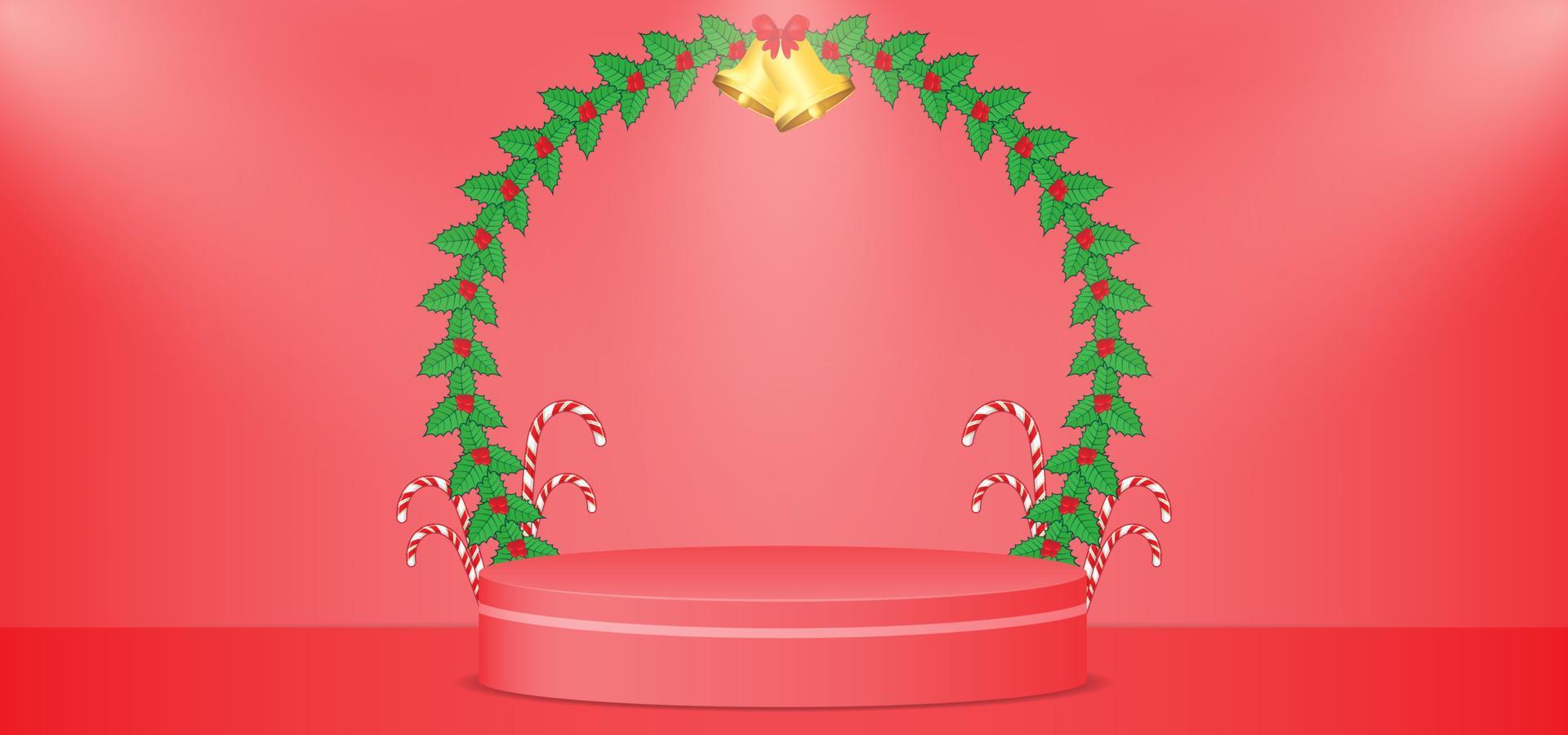 Christmas background with Christmas wreath, golden bell, candy cane and red podium. Vector background