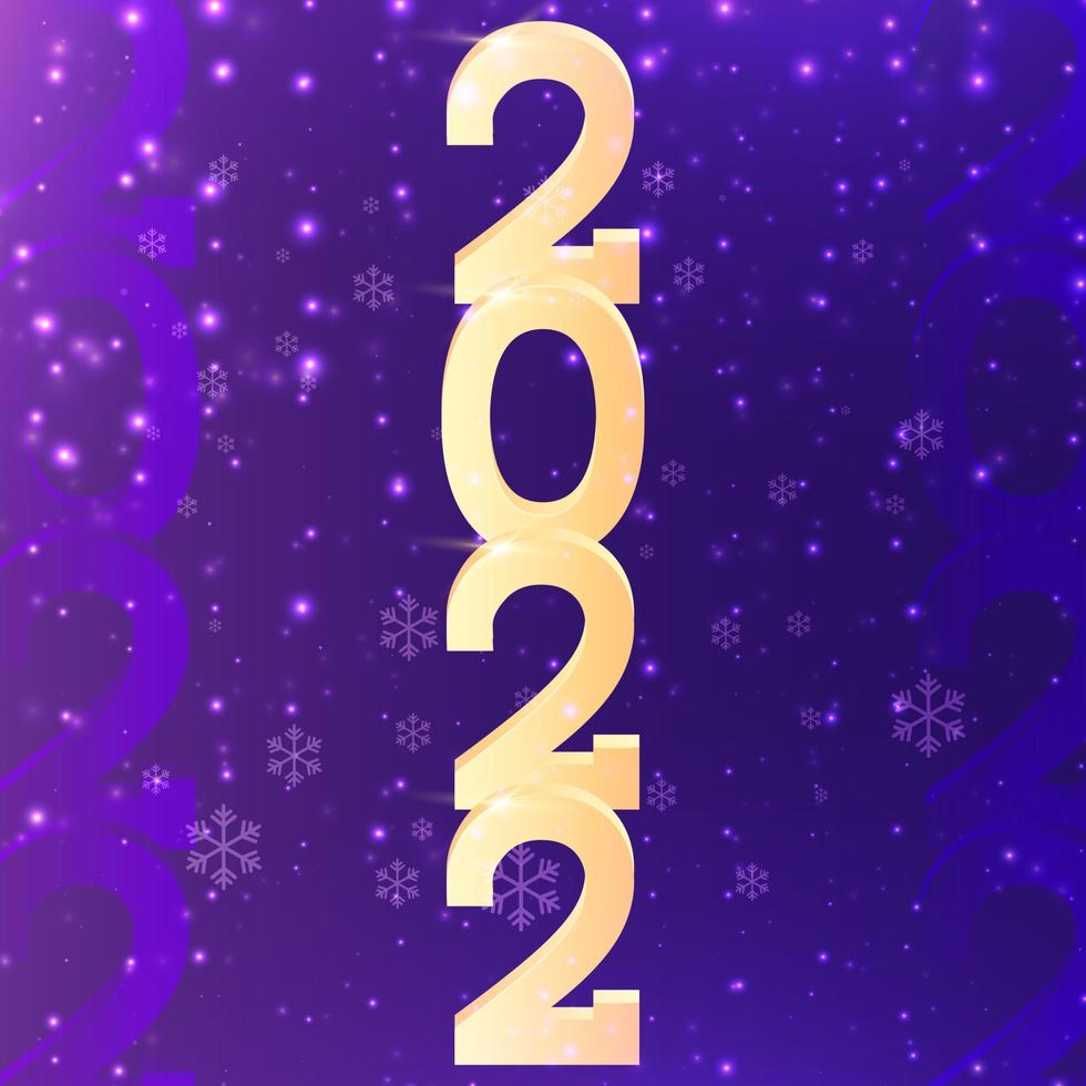 Happy New Year 2022 with gold numbers on purple blue background. Invitation greeting card design vector