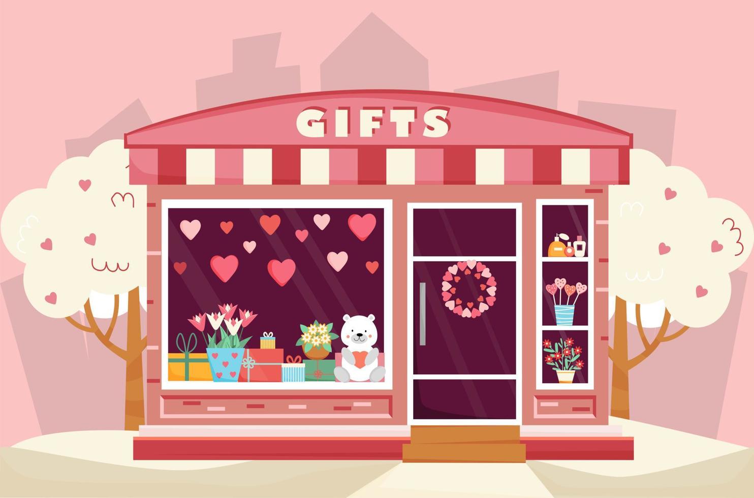 Gifts shop with Valentines day decoration. Valentines day shop window with gifts. Bouquet of flowers, gift boxes, hearts. Vector illustration in flat style.