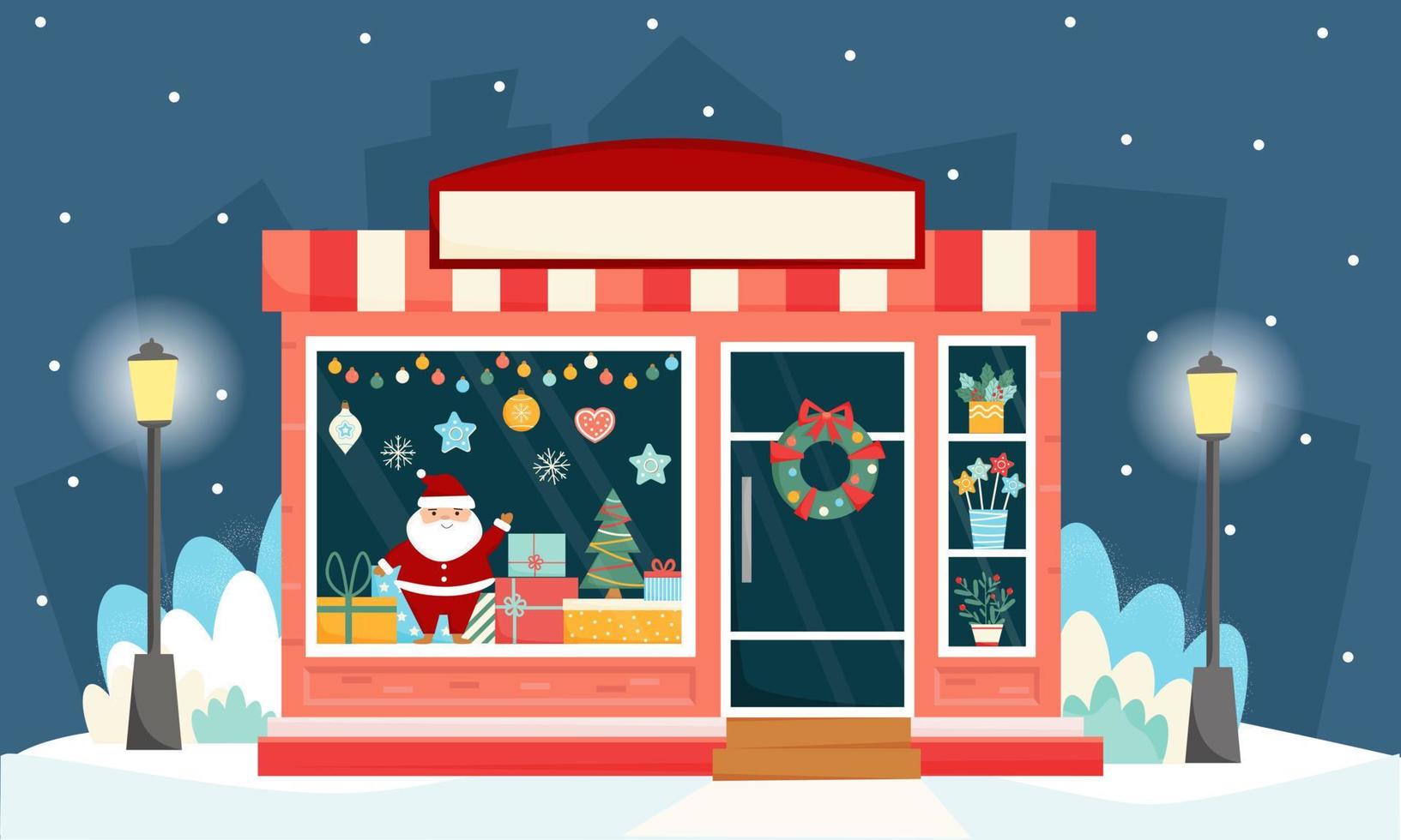 Gifts shop with Christmas decoration at night time. Shop window with gifts. Shops front. Banner for Christmas and New Year. Vector illustration.