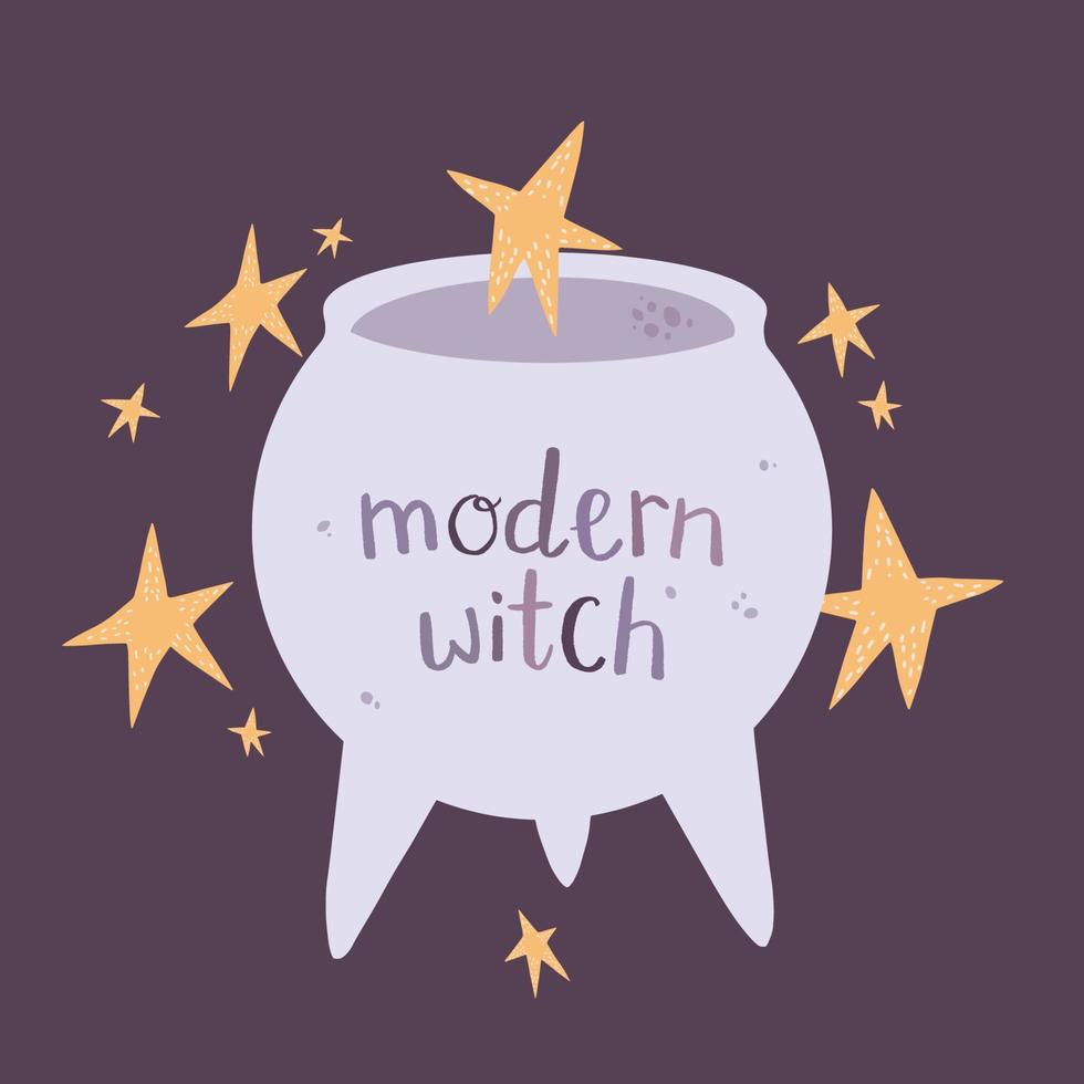Purple magic cauldron with the inscription modern witch vector