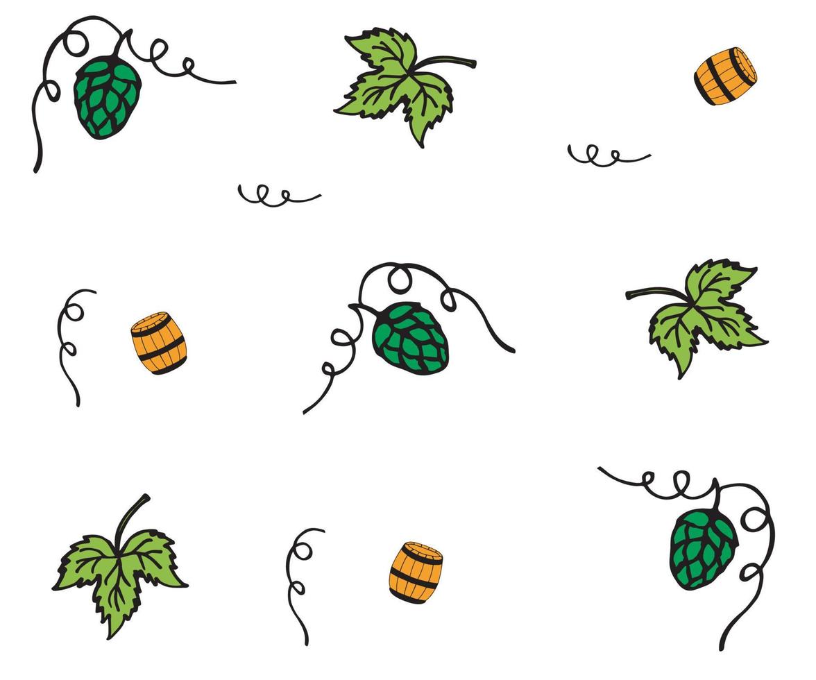 seamless beer pattern with beer barrel and hops vector