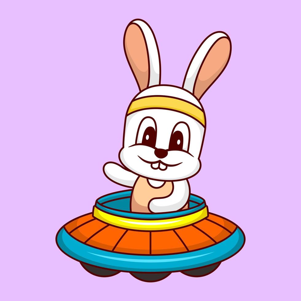 Lindo conejo volando en la ilustración de icono de vector de dibujos animados de ovni. vector aislado del concepto de icono de transporte nimal. estilo de dibujos animados plana.