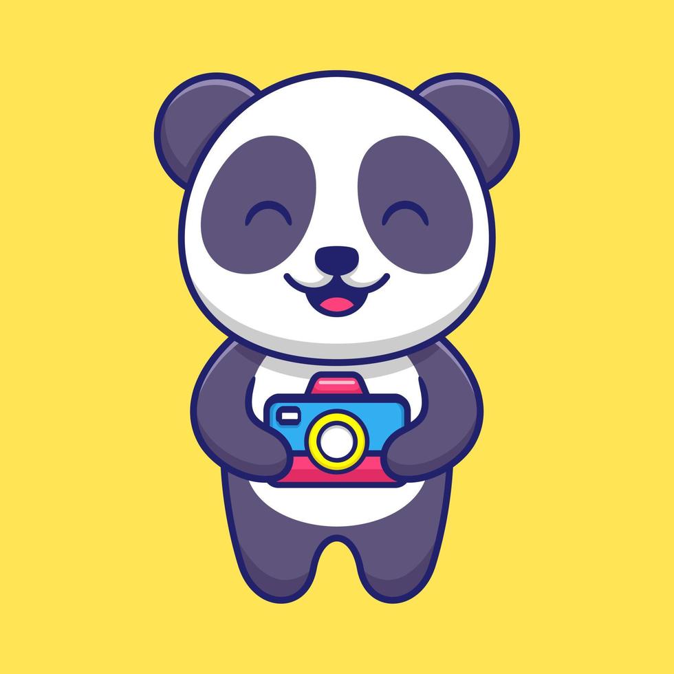 Panda lindo que sostiene el ejemplo del icono del vector de la historieta de la cámara. concepto plano de mascota de personaje animal.