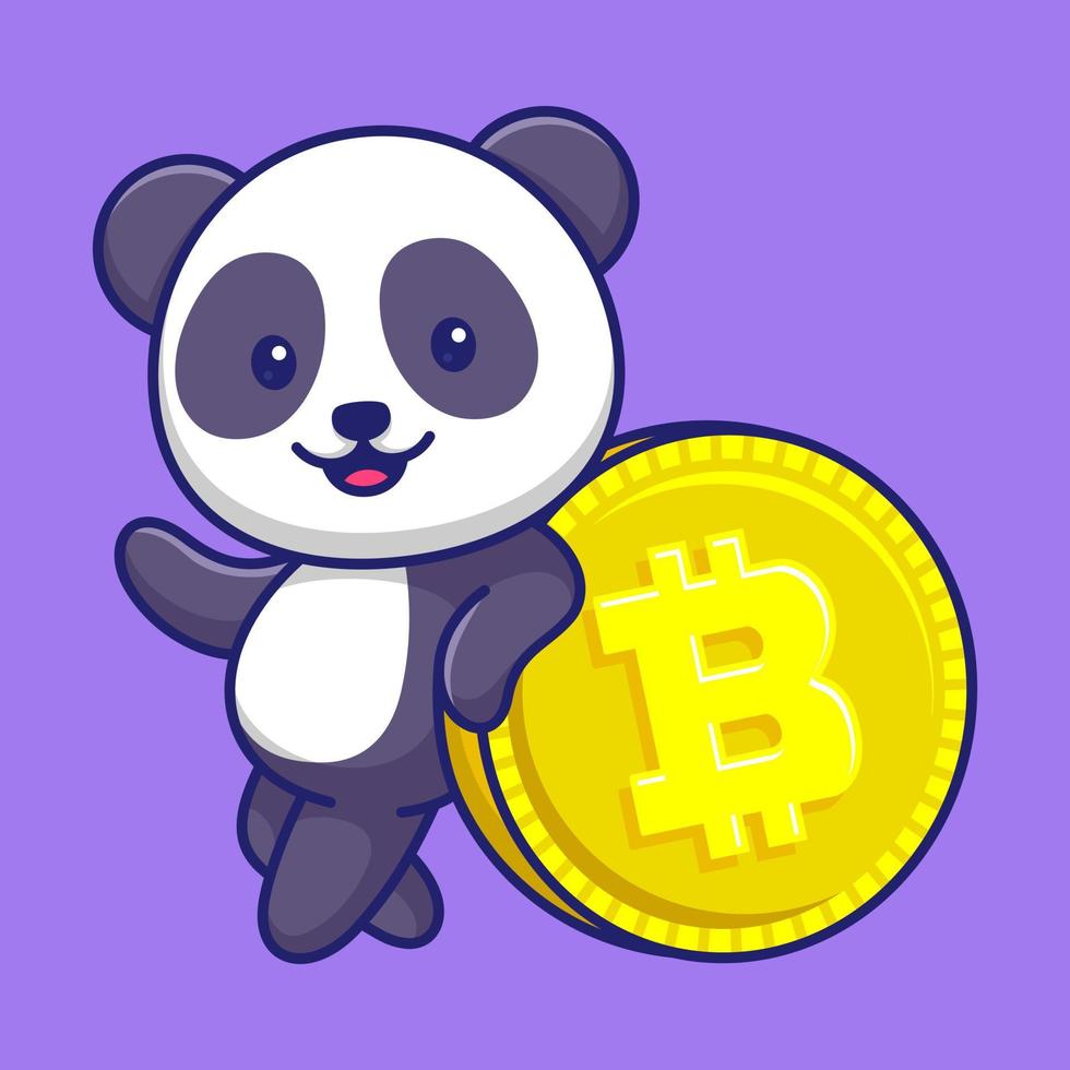 Cute Panda Holding Big Bitcoin Cartoon Vector Icon Illustration. Animal Character Mascot Flat Concept.